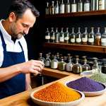 A skilled artisan, fully clothed in professional, modest attire, meticulously engaged in the creation of artisanal gin within a pristine, well-lit kitchen workshop. Various transparent glass jars filled with organic juniper berries, delicate dried lavender blossoms, bright orange peels, and aromatic cardamom pods are neatly arranged on a clean wooden countertop. The artisan's well-formed hands carefully measure ingredients or observe a small, elegant alembic still in operation, with a focused and thoughtful expression. The background features neatly organized, clean bottles and a warm, inviting atmosphere, emphasizing the dedication to craft. professional dress, safe for work, appropriate content, fully clothed, perfect anatomy, correct proportions, natural pose, well-formed hands, proper finger count, natural body proportions, high quality photography, sharp focus, vibrant colors.