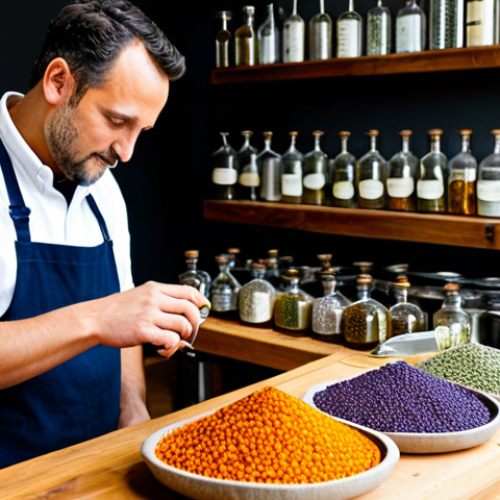 A skilled artisan, fully clothed in professional, modest attire, meticulously engaged in the creation of artisanal gin within a pristine, well-lit kitchen workshop. Various transparent glass jars filled with organic juniper berries, delicate dried lavender blossoms, bright orange peels, and aromatic cardamom pods are neatly arranged on a clean wooden countertop. The artisan's well-formed hands carefully measure ingredients or observe a small, elegant alembic still in operation, with a focused and thoughtful expression. The background features neatly organized, clean bottles and a warm, inviting atmosphere, emphasizing the dedication to craft. professional dress, safe for work, appropriate content, fully clothed, perfect anatomy, correct proportions, natural pose, well-formed hands, proper finger count, natural body proportions, high quality photography, sharp focus, vibrant colors.