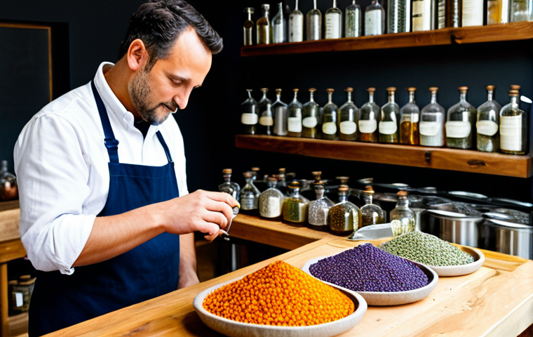 A skilled artisan, fully clothed in professional, modest attire, meticulously engaged in the creation of artisanal gin within a pristine, well-lit kitchen workshop. Various transparent glass jars filled with organic juniper berries, delicate dried lavender blossoms, bright orange peels, and aromatic cardamom pods are neatly arranged on a clean wooden countertop. The artisan's well-formed hands carefully measure ingredients or observe a small, elegant alembic still in operation, with a focused and thoughtful expression. The background features neatly organized, clean bottles and a warm, inviting atmosphere, emphasizing the dedication to craft. professional dress, safe for work, appropriate content, fully clothed, perfect anatomy, correct proportions, natural pose, well-formed hands, proper finger count, natural body proportions, high quality photography, sharp focus, vibrant colors.