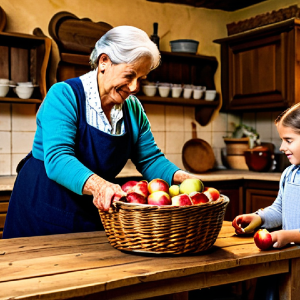 **
A cozy scene of a family preparing fruit for winemaking in a rustic kitchen. Baskets of apples, pears, and berries are on a wooden table. A grandmother is showing a child how to crush grapes. Everyone is fully clothed in appropriate attire. The kitchen has warm lighting and traditional decor. Safe for work, appropriate content, family-friendly, perfect anatomy, natural proportions, high quality, professional photography.
**