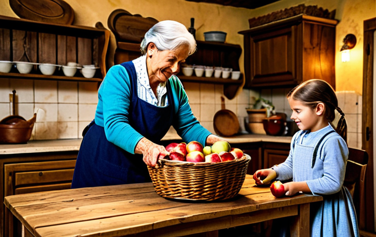 **
A cozy scene of a family preparing fruit for winemaking in a rustic kitchen. Baskets of apples, pears, and berries are on a wooden table. A grandmother is showing a child how to crush grapes. Everyone is fully clothed in appropriate attire. The kitchen has warm lighting and traditional decor. Safe for work, appropriate content, family-friendly, perfect anatomy, natural proportions, high quality, professional photography.
**