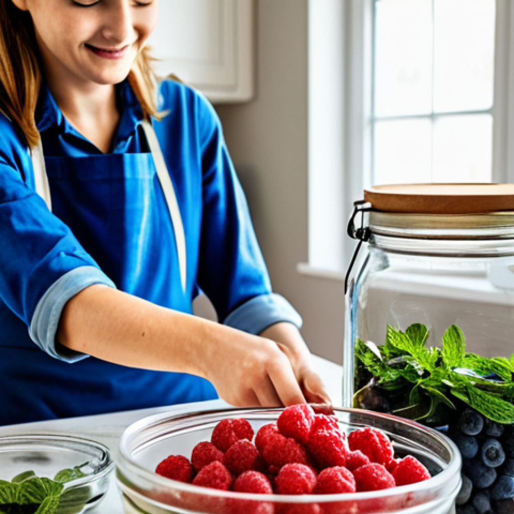 Fruit Infusion Preparation**
A brightly lit kitchen scene. A woman in a modest apron is carefully selecting ripe, unblemished berries (raspberries, blueberries, and strawberries) to place into a large glass jar. The jar already contains a clear liquid. Jars with dried herbs (mint, lavender) are visible in the background. Focus on cleanliness and vibrant colors. The overall impression is one of care and traditional methods. Fully clothed, appropriate content, safe for work, family-friendly, perfect anatomy, natural proportions, professional photography, high quality.
**