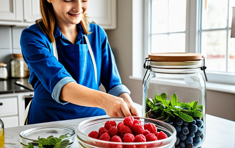 Fruit Infusion Preparation**
A brightly lit kitchen scene. A woman in a modest apron is carefully selecting ripe, unblemished berries (raspberries, blueberries, and strawberries) to place into a large glass jar. The jar already contains a clear liquid. Jars with dried herbs (mint, lavender) are visible in the background. Focus on cleanliness and vibrant colors. The overall impression is one of care and traditional methods. Fully clothed, appropriate content, safe for work, family-friendly, perfect anatomy, natural proportions, professional photography, high quality.
**