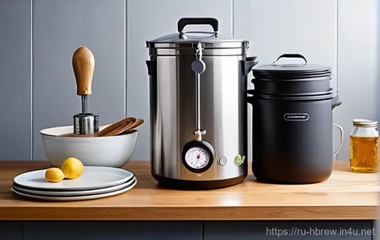 홈메이드 밀맥주 브루잉 - **"The Home Brewer's Sanctuary: First Steps."**
A wide shot of a clean, well-organized home brew...