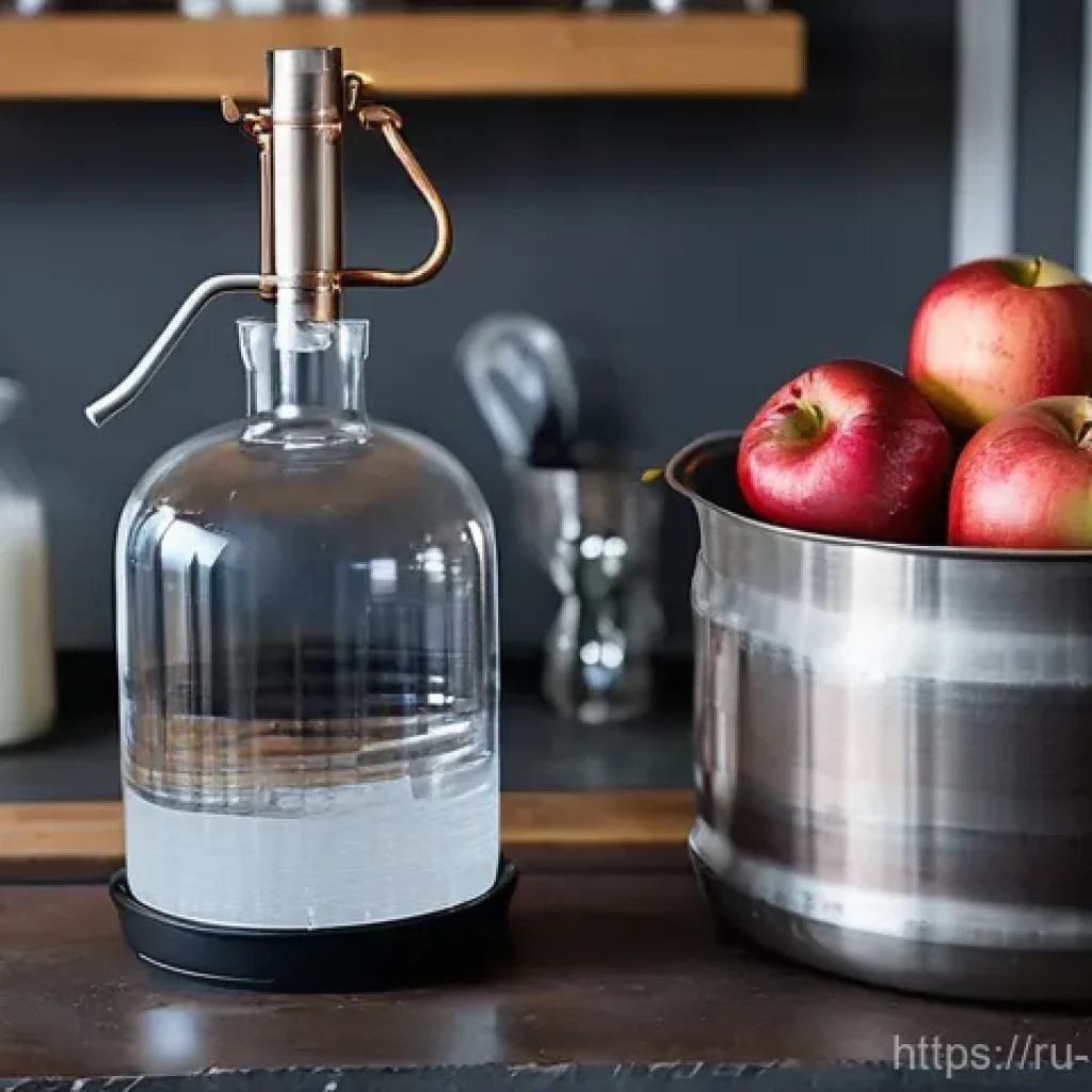 홈메이드 보드카 증류 - **A clean, well-lit kitchen counter with various fresh, high-quality ingredients for home distilling...