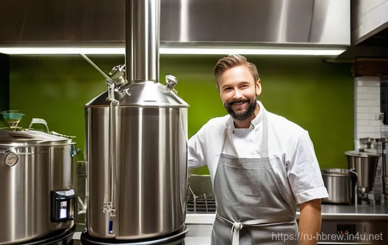 홈메이드 필스너 맥주 양조 - **Prompt:** A dedicated homebrewer, a man in his late 30s with a focused expression, meticulously st...