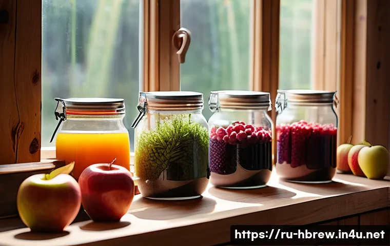 홈메이드 술 환경친화적 양조 - A cozy home brewing setup in a rustic kitchen featuring local Russian ingredients: fresh wild berrie...