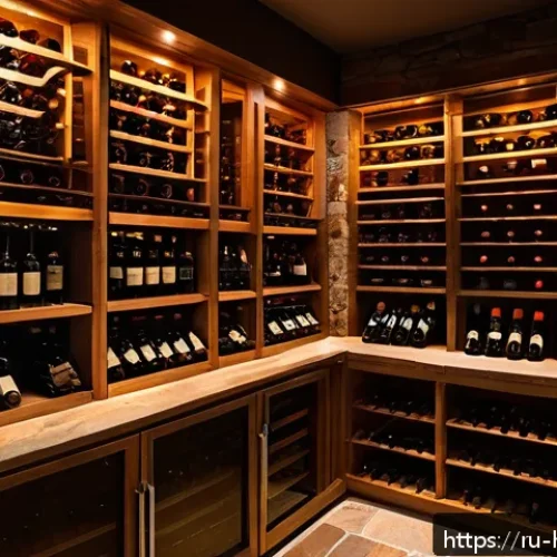 Home 32 홈메이드 술 보관법 - A cozy, dimly lit wine cellar with wooden shelves lined with dark glass bottles sealed with natural ...