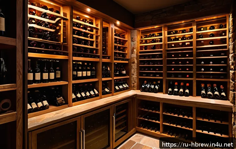 홈메이드 술 보관법 - A cozy, dimly lit wine cellar with wooden shelves lined with dark glass bottles sealed with natural ...