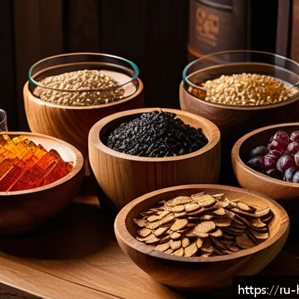 홈메이드 오크칩 숙성 기법 - A rustic home cellar scene showcasing various types of oak wood chips for aging spirits and wines: E...