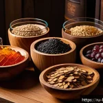 Home 19 홈메이드 오크칩 숙성 기법 - A rustic home cellar scene showcasing various types of oak wood chips for aging spirits and wines: E...