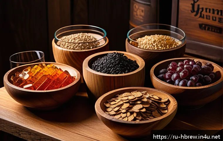 홈메이드 오크칩 숙성 기법 - A rustic home cellar scene showcasing various types of oak wood chips for aging spirits and wines: E...