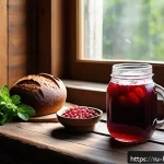 Home 18 홈메이드 전통주 역사 - A cozy Russian kitchen scene featuring traditional homemade beverages: a rustic wooden table with a ...