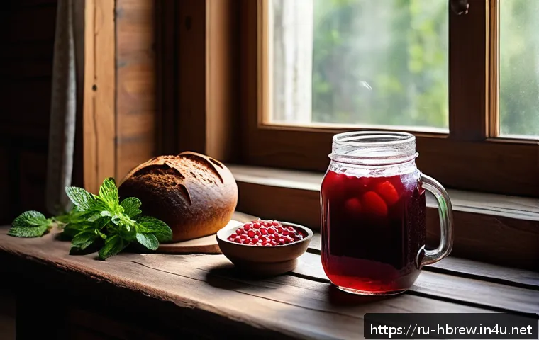 홈메이드 전통주 역사 - A cozy Russian kitchen scene featuring traditional homemade beverages: a rustic wooden table with a ...