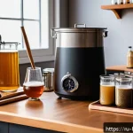 Home 23 홈메이드 수제맥주 키트 추천 - A cozy home brewery setup featuring a beginner’s beer brewing kit on a wooden kitchen table, includi...