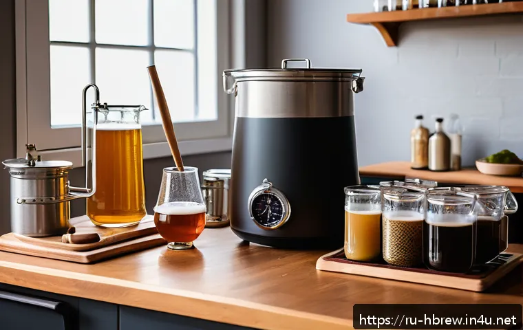 홈메이드 수제맥주 키트 추천 - A cozy home brewery setup featuring a beginner&rsquo;s beer brewing kit on a wooden kitchen table, includi...
