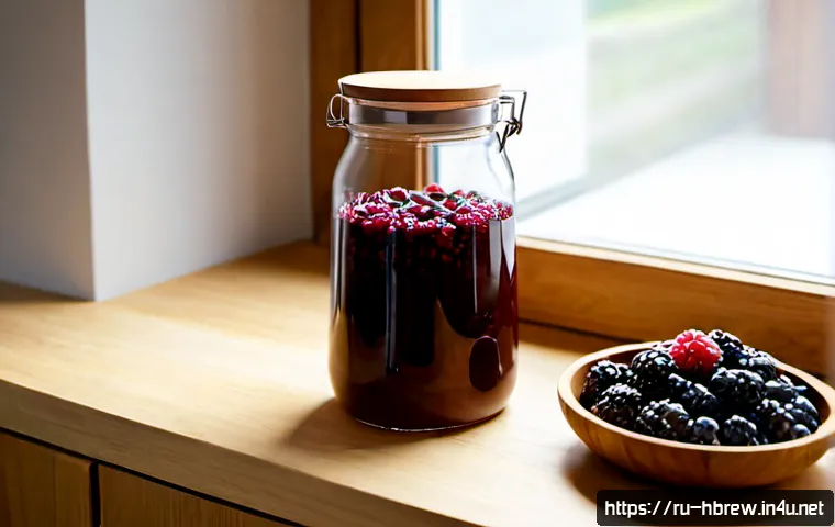 Home 17 홈메이드 술 변질 방지법 - Photorealistic Russian home kitchen scene, a clean glass jar of homemade berry infusion sealed with ...