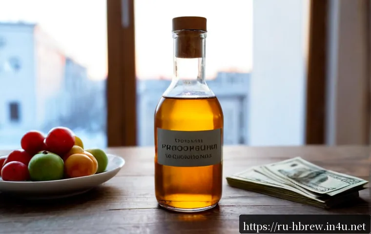 Home 17 홈메이드 술 크라우드펀딩 사례 - Photorealistic Russian home craft beverage crowdfunding concept, a glass bottle of amber homemade fr...