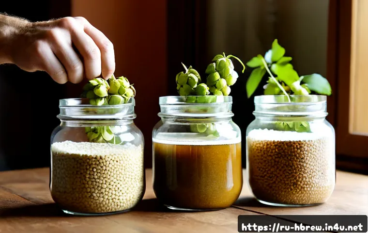 Home 17 홈메이드 홉 선택 가이드 - Photorealistic homebrewing ingredient selection scene in a cozy Russian apartment kitchen, three unl...