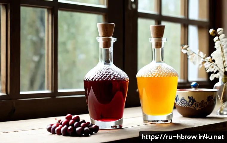 Home 30 홈메이드 술 아트 디자인 - Photorealistic artisan still life of homemade berry-infused spirits in elegant unlabelled glass bott...