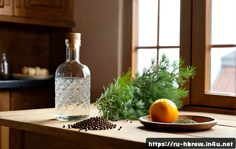 Home 17 홈메이드 진 제조 과정 - Photorealistic home gin infusion preparation in a cozy Russian country kitchen, clear glass jar fill...